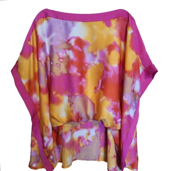 COLORFUL OVERSIZED WATERCOLOR PRINT BOHO FAUX TUCK RESORT FLOWY CAFTAN TOP OS - Picture 2 of 7